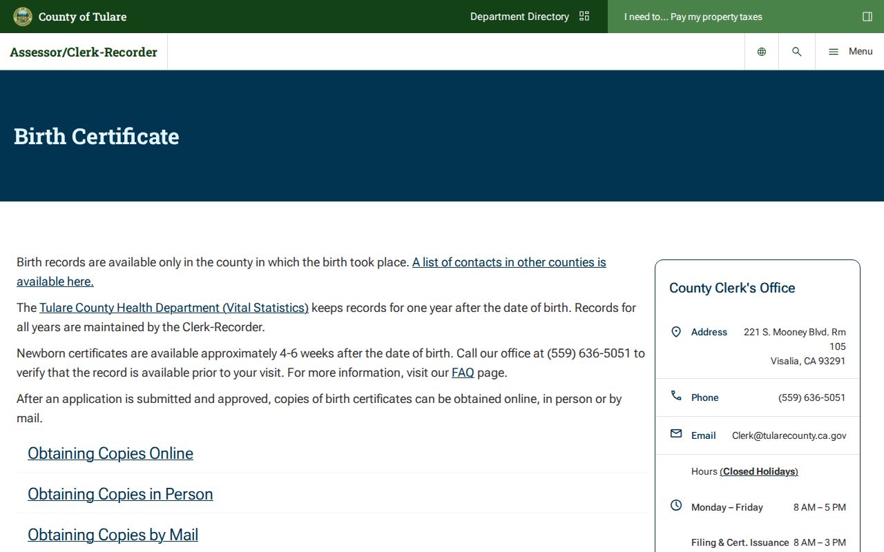 Tulare County people search birth certificate request instructions
