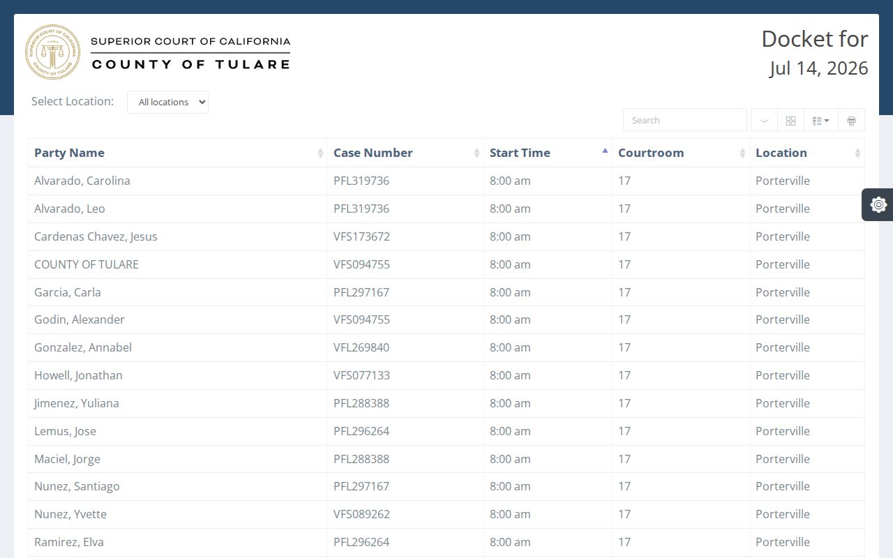 Tulare County public records daily court docket fields