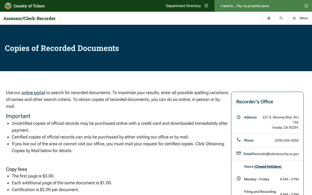 Tulare County public records copy instructions for recorded documents
